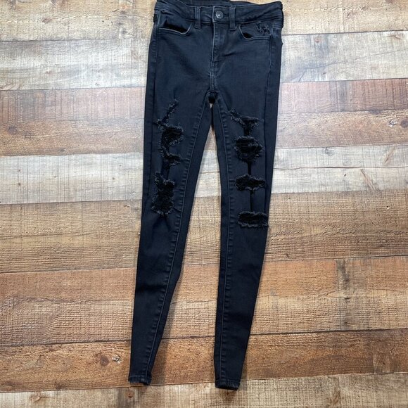 American Eagle Black/Gray Distressed Hi-Rise Jegging size 00 - Picture 1 of 5